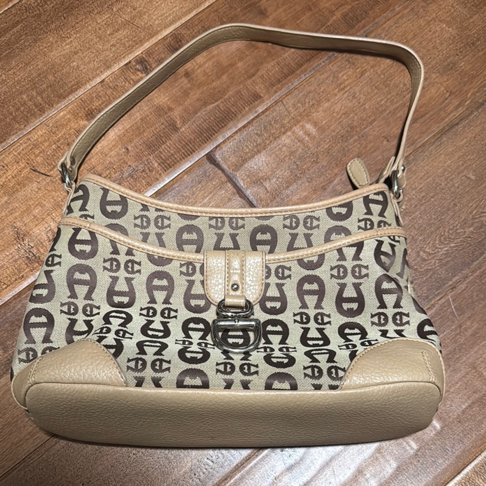 Beige Patterned Shoulder Bag with Leather Trim